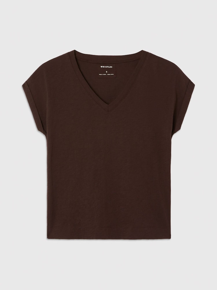 Whistles Brown Willa V-Neck Cap Sleeve T-Shirt - Image 5 of 5