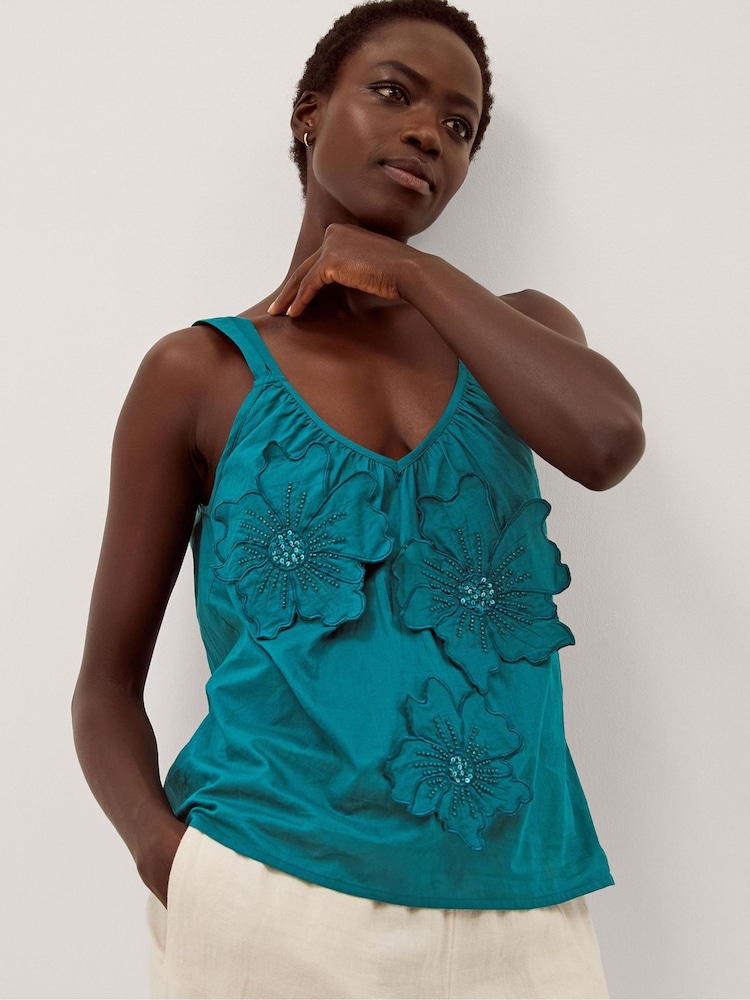 Monsoon Blue Rosalie Sleeveless Floral Embellished Top - Image 1 of 4