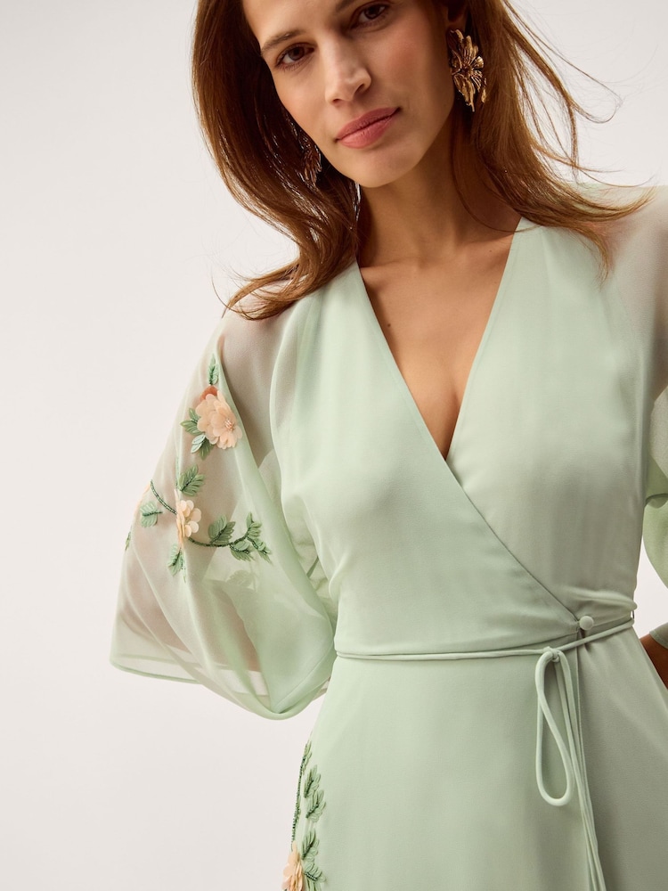 sage green wrap dress Sage Green Long Wrap Crepe Dress, Bridesmaid Dress, Wedding Guest Dress, Formal Dress, Cocktail Dress, Evening Dress, Ruffle Dress