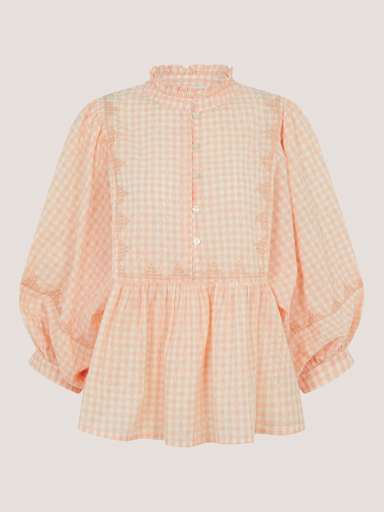 Monsoon Orange Jemima Embroidered Gingham Blouse - Image 2 of 4