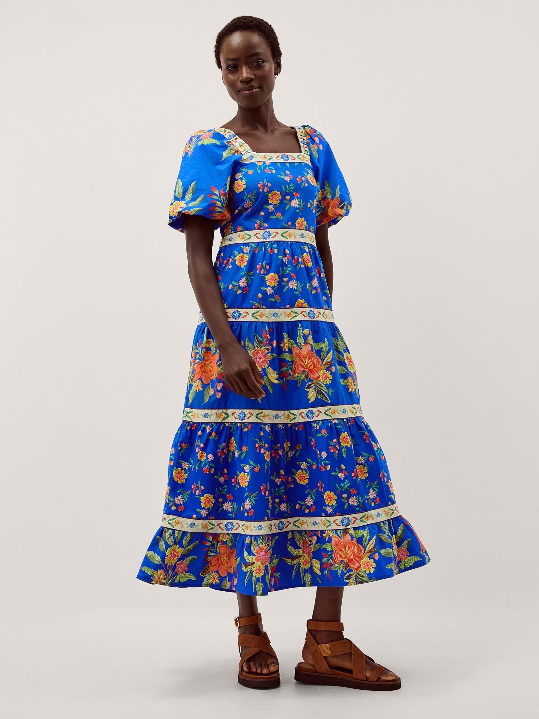 Buy Monsoon Blue Mona Square Neck Puff Short Sleeve Floral Cotton