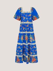 Monsoon Blue Mona Square Neck Puff Short Sleeve Floral Cotton Midi Dress - Image 5 of 5