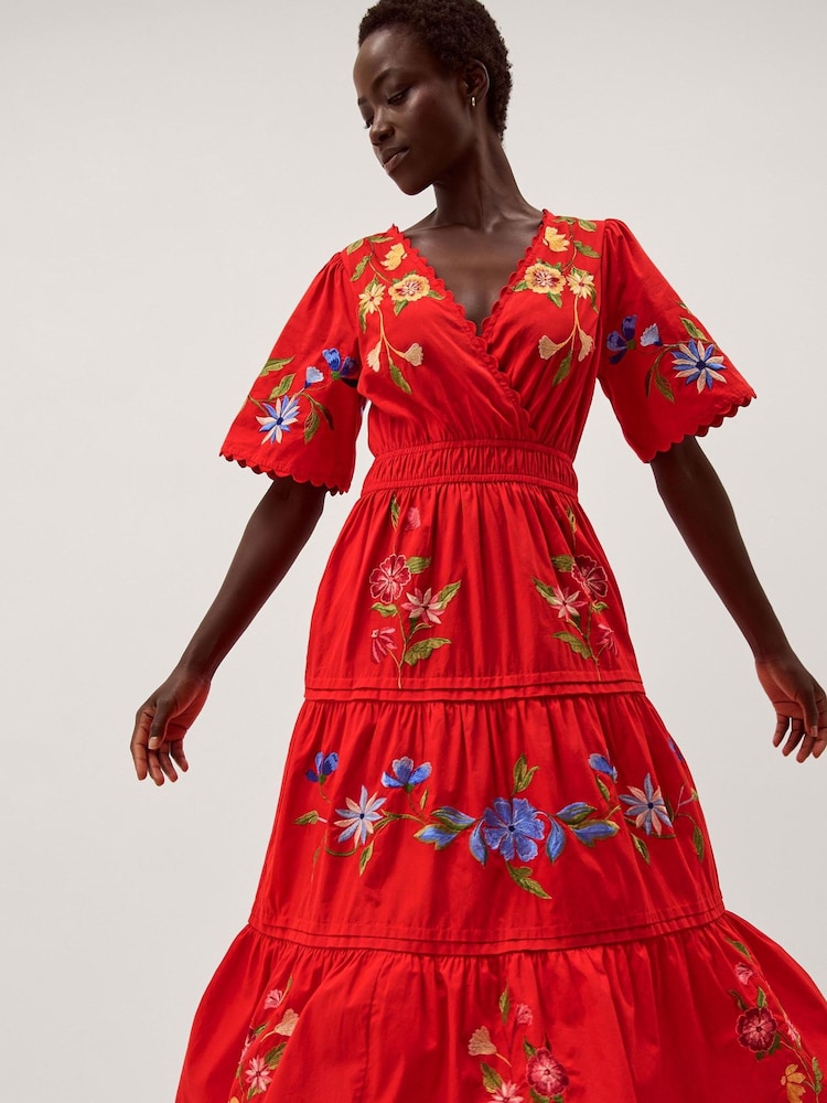 Monsoon Red Emma Floral Embroidered Midi Dress - Image 1 of 4