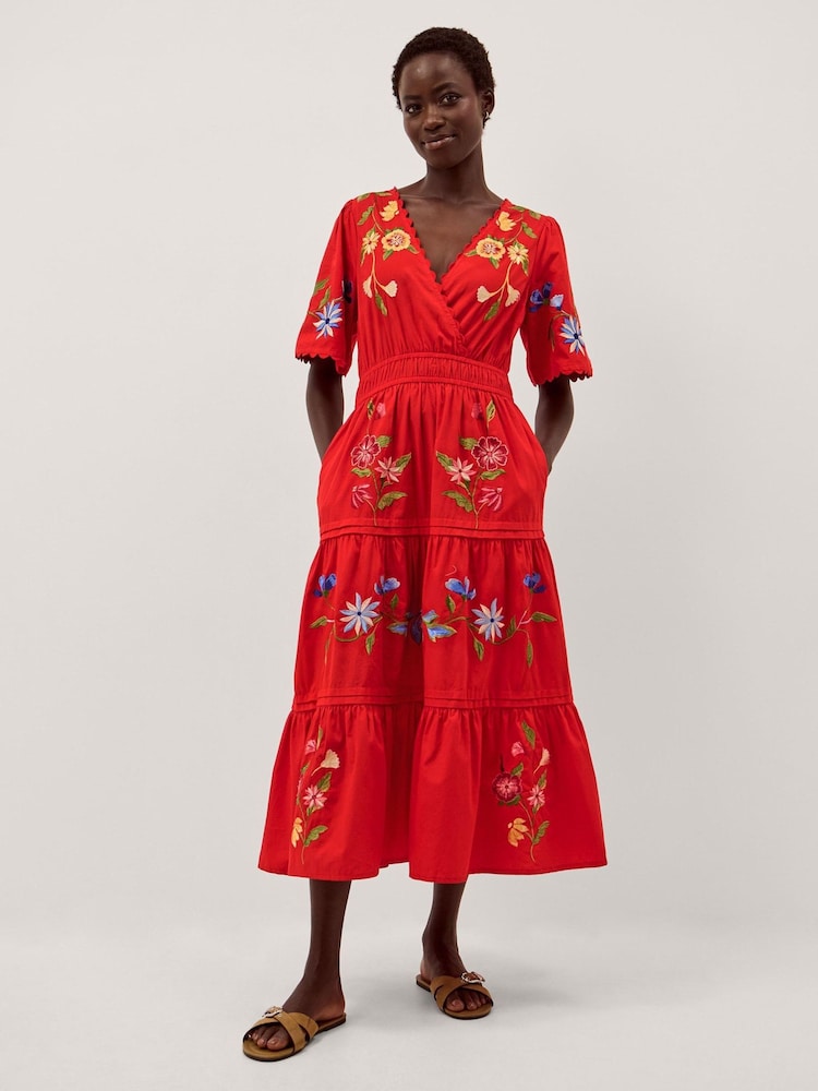 Monsoon Red Emma Floral Embroidered Midi Dress - Image 2 of 4