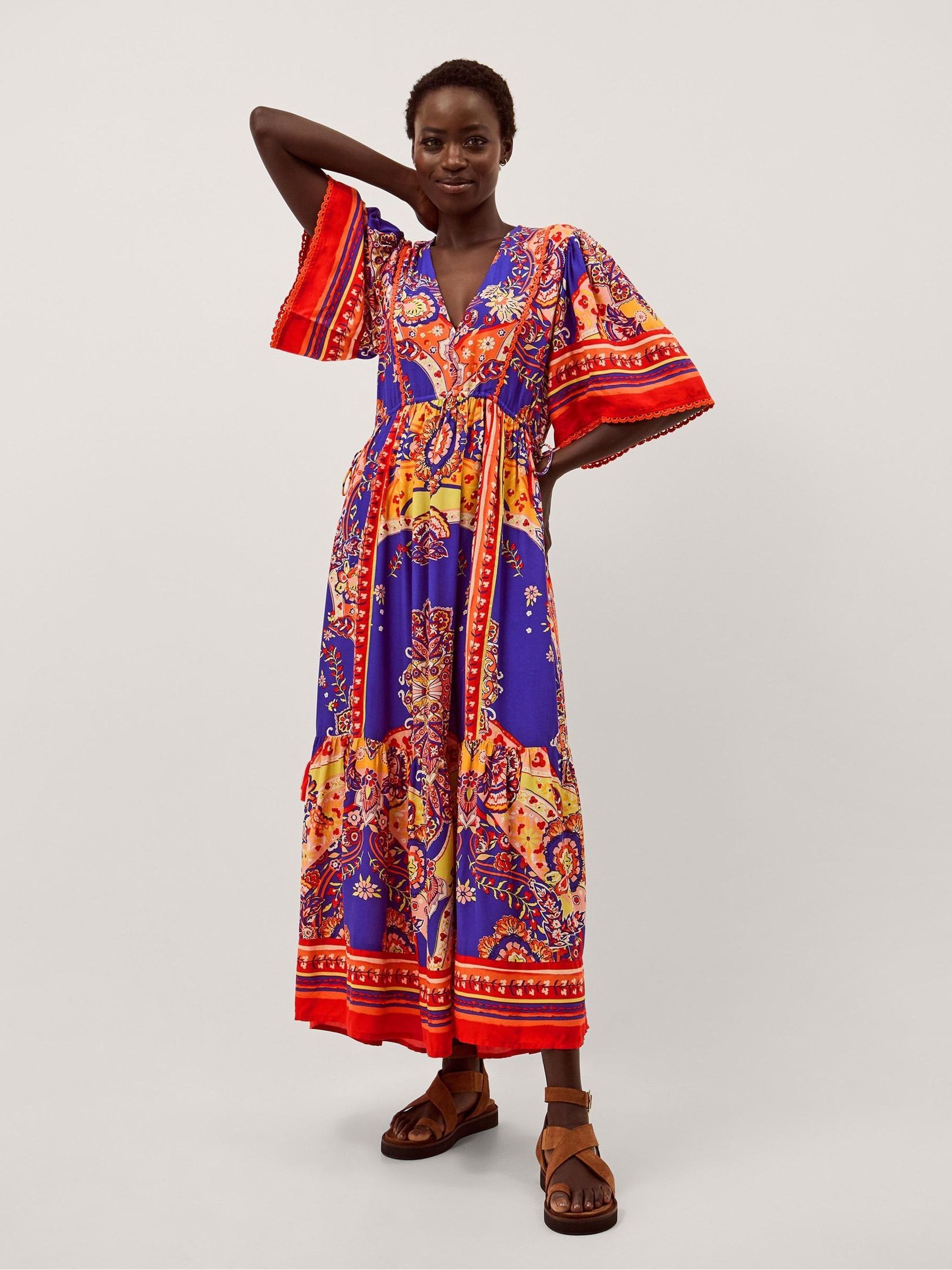 Buy Monsoon Blue Padma V-Neck Printed Short Flowy Sleeve Midi