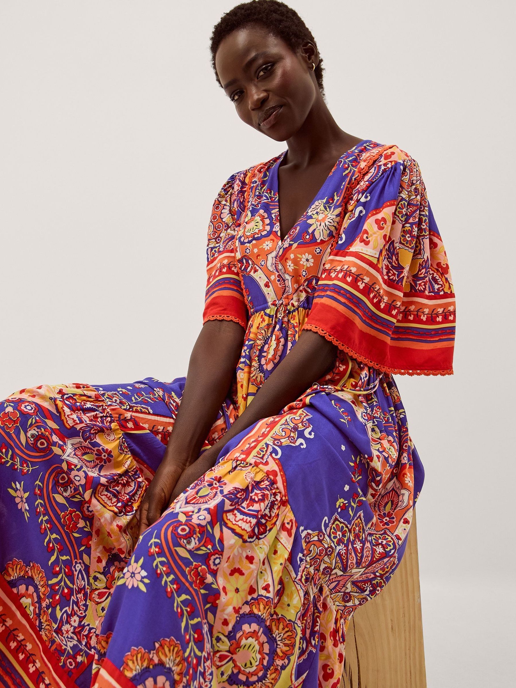Buy Monsoon Blue Padma V-Neck Printed Short Flowy Sleeve Midi
