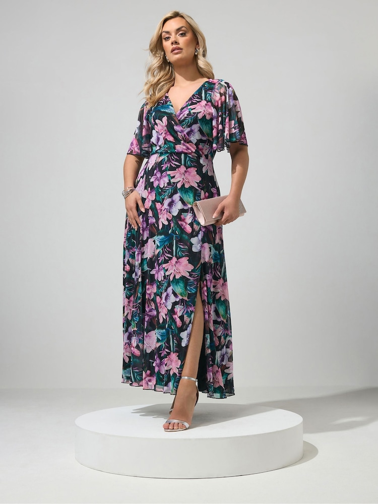 Yours Curve Pink/Blue London Mesh Wrap Maxi Dress - Image 1 of 5 Yours Curve Pink/Blue London Mesh Wrap Maxi Dress - Image 1 of 5