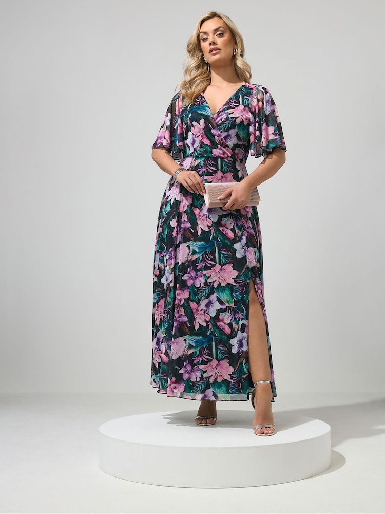 Yours Curve Pink/Blue London Mesh Wrap Maxi Dress - Image 2 of 5 Yours Curve Pink/Blue London Mesh Wrap Maxi Dress - Image 2 of 5