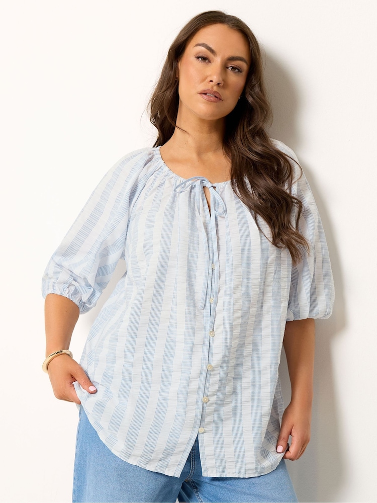 Yours Curve Blue Sleeve Stripe Boho Top - Image 1 of 5 Yours Curve Blue Sleeve Stripe Boho Top - Image 1 of 5
