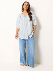 Yours Curve Blue Sleeve Stripe Boho Top - Image 2 of 5