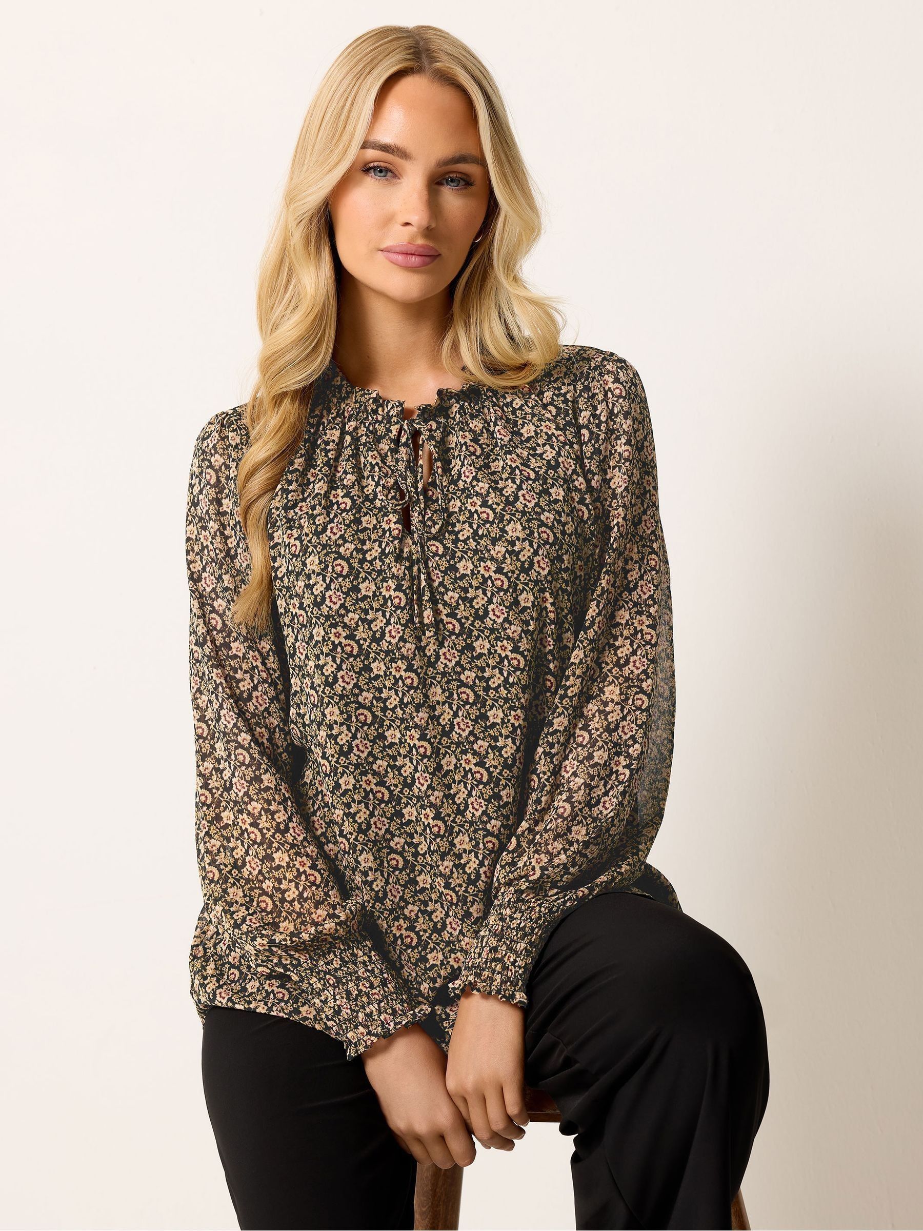M & Co Women's Dark Brown Floral Tie Neck Blouse