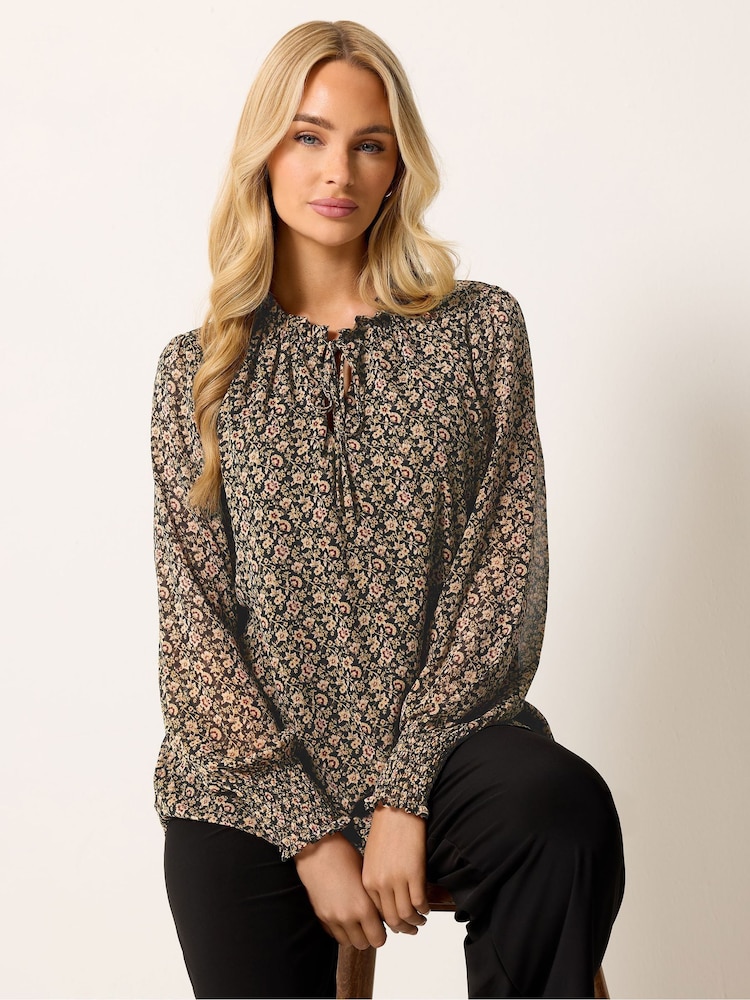 M&Co Dark Brown Floral Tie Neck Blouse - Image 1 of 5