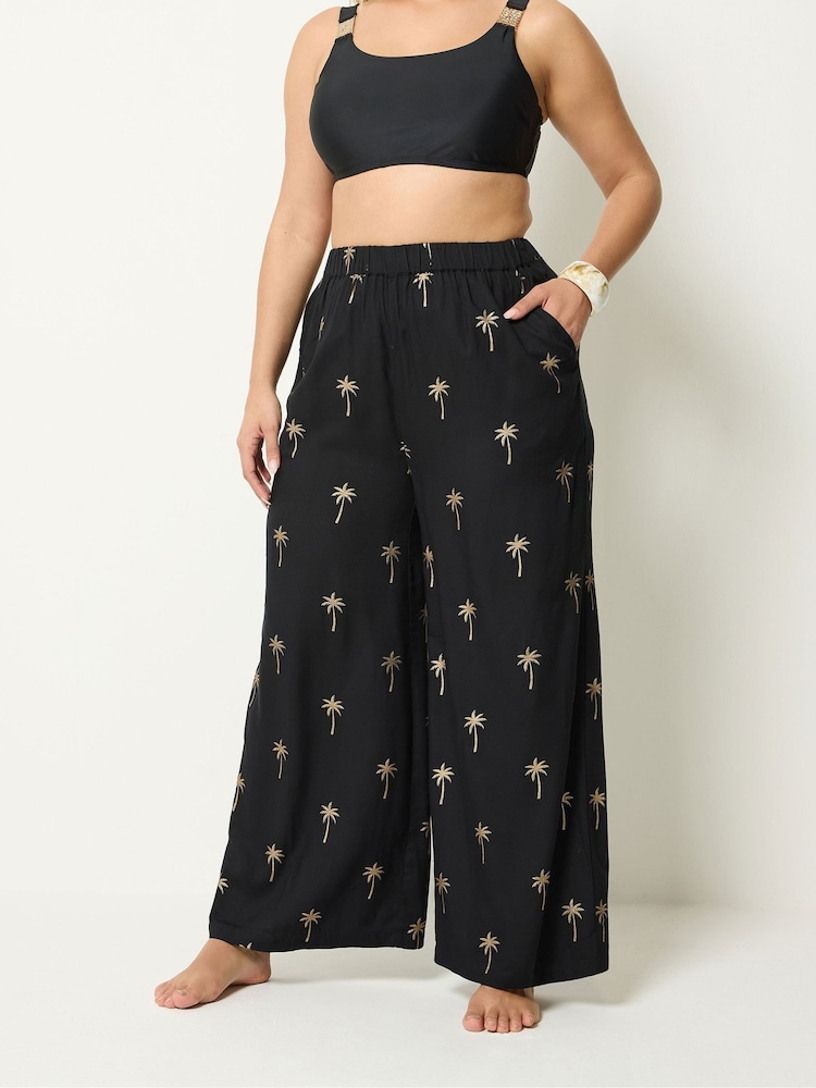 Yours Curve Black Foil Palm Tree Beach Trousers - Image 2 of 5