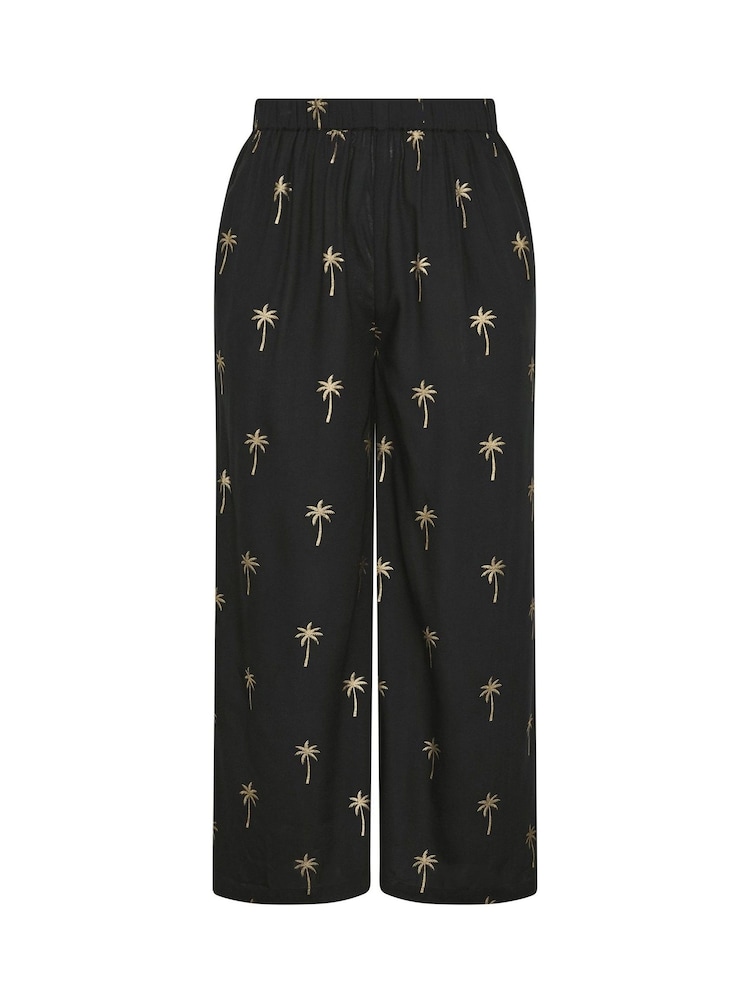 Yours Curve Black Foil Palm Tree Beach Trousers - Image 5 of 5