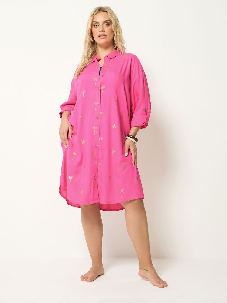 Yours Curve Pink Foil Palm Tree Beach Shirt - Image 1 of 5 Yours Curve Pink Foil Palm Tree Beach Shirt - Image 1 of 5