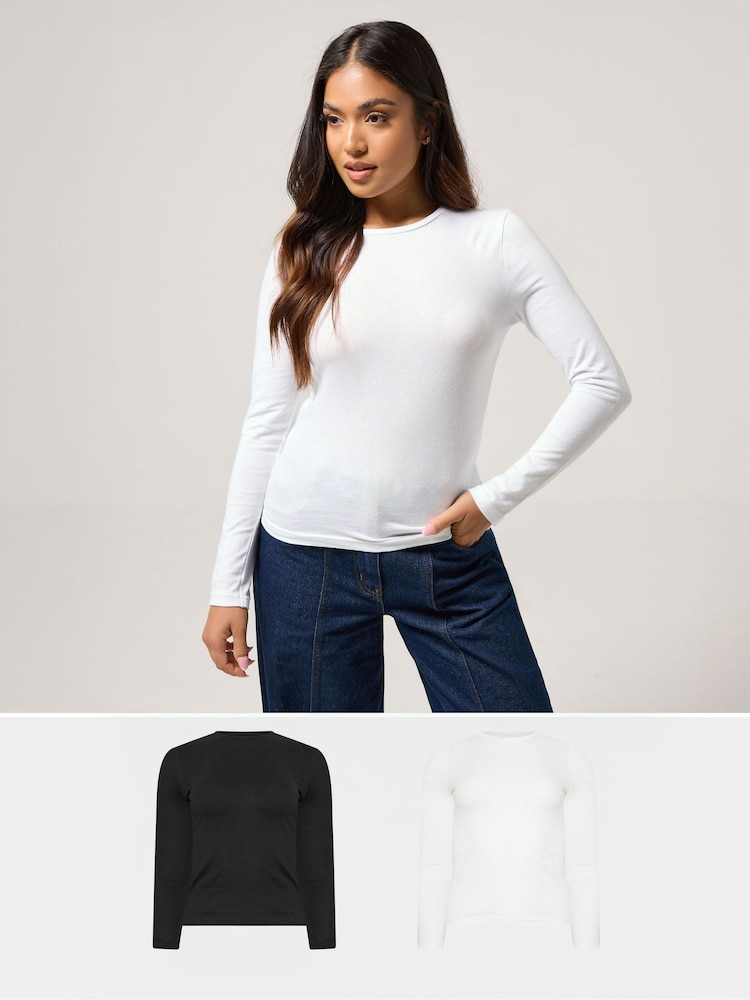 PixieGirl Petite Black Long Sleeve Cotton T-Shirts 2 Pack - Image 1 of 9