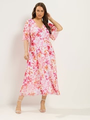 Yours Curve Pink Mesh Angel Sleeve Dress - Image 1 of 6