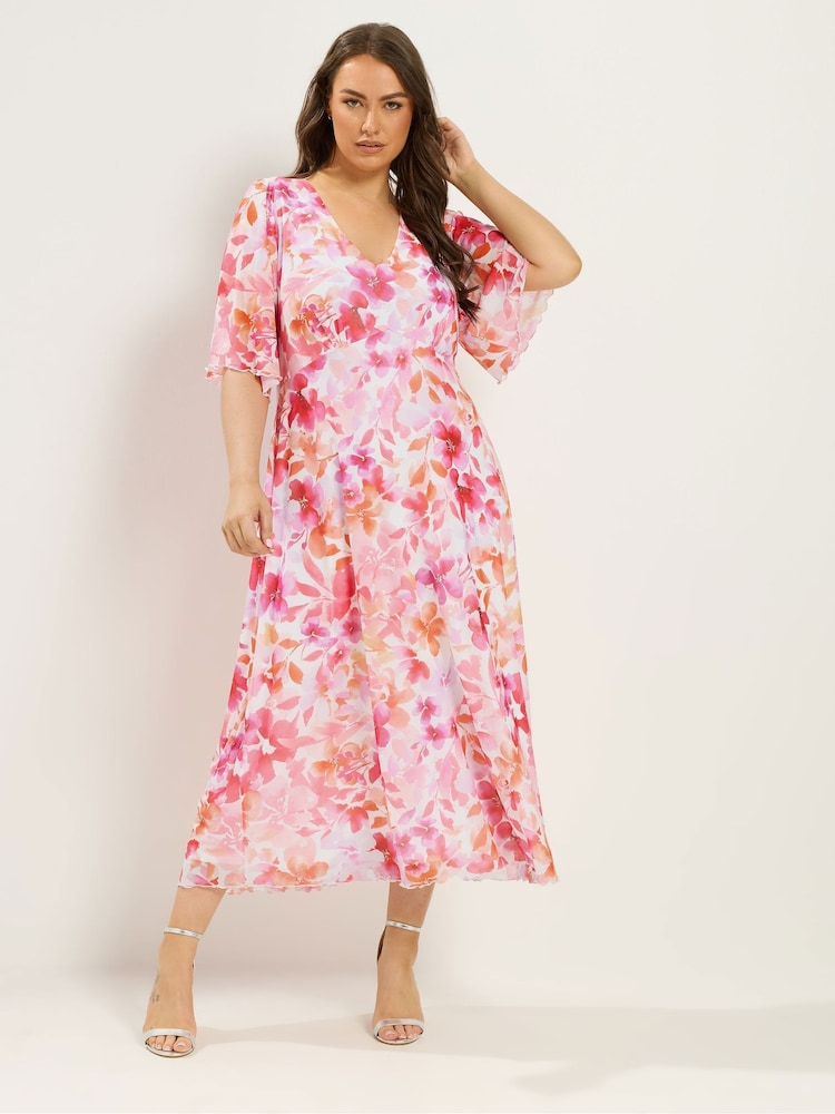 Yours Curve Pink Mesh Angel Sleeve Dress - Image 1 of 6