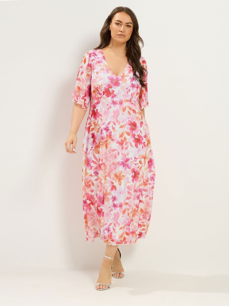 Yours Curve Pink Mesh Angel Sleeve Dress - Image 2 of 6