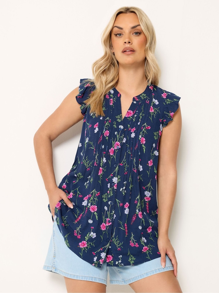 Yours Curve Blue Sleeveless Pintuck Blouse - Image 1 of 5 Yours Curve Blue Sleeveless Pintuck Blouse - Image 1 of 5