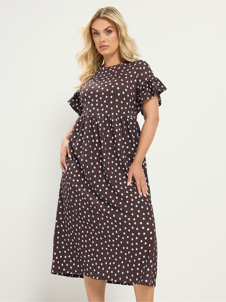 Yours Curve Brown Frilled Sleeve Midaxi Dress - Image 1 of 5