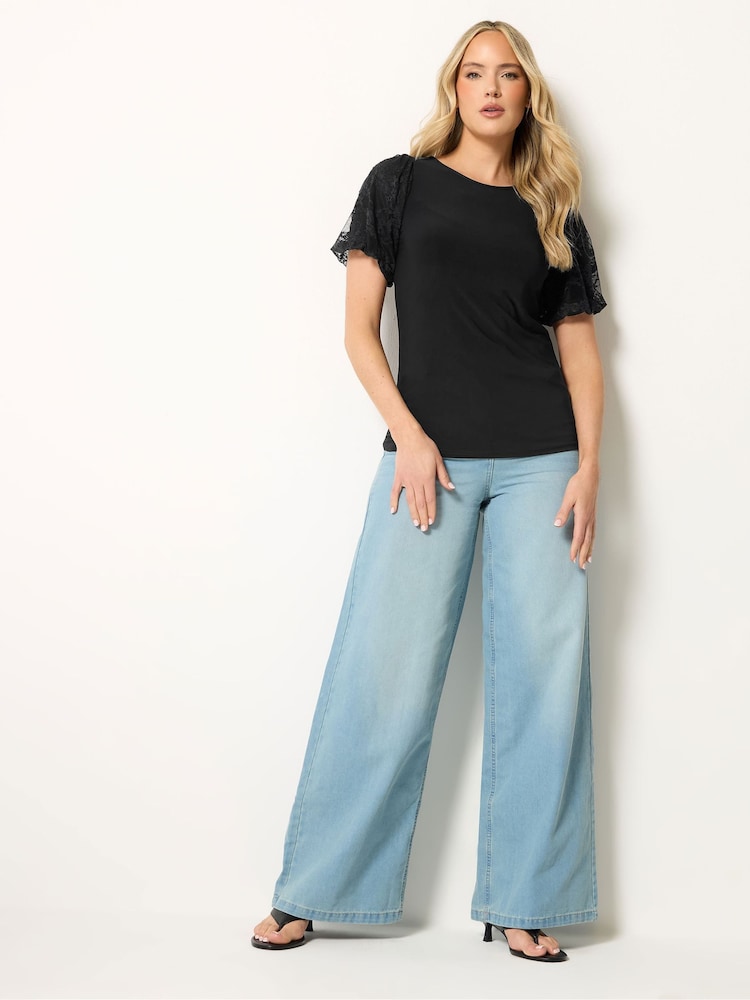 Long Tall Sally Black Lace Sleeve T-Shirt - Image 2 of 5 Long Tall Sally Black Lace Sleeve T-Shirt - Image 2 of 5