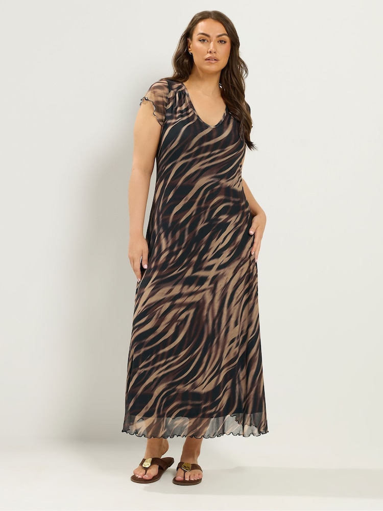 Yours Curve Brown Mesh Cap Sleeve Maxi Dress - Image 2 of 5 Yours Curve Brown Mesh Cap Sleeve Maxi Dress - Image 2 of 5