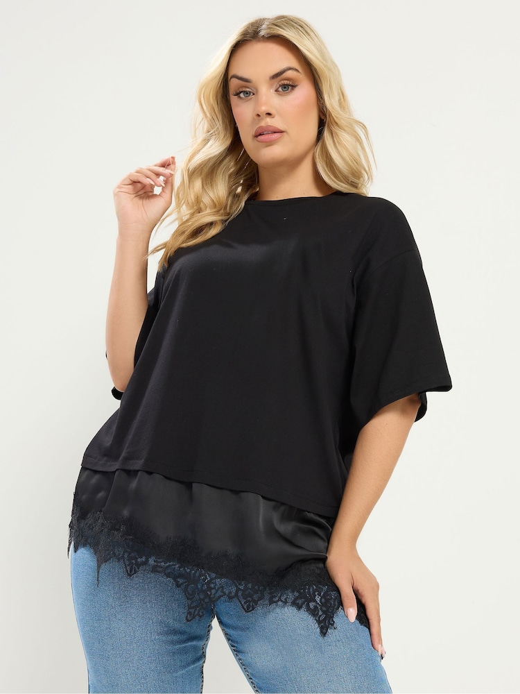 Yours Curve Black Lace Trim T-Shirt - Image 1 of 4 Yours Curve Black Lace Trim T-Shirt - Image 1 of 4