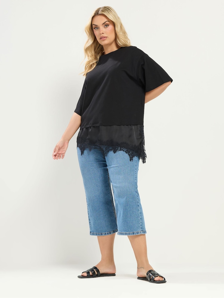 Yours Curve Black Lace Trim T-Shirt - Image 2 of 4 Yours Curve Black Lace Trim T-Shirt - Image 2 of 4