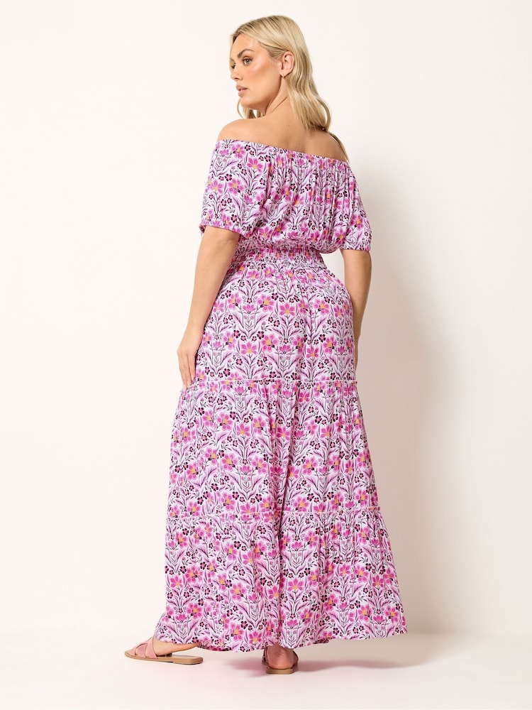 bardot boho dress Yours Women's Plus Size Purple Floral Tie Neck Bardot Maxi Dress Size 26-28