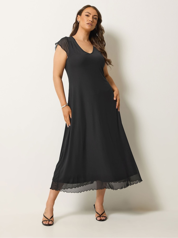 Yours Curve Black Mesh Cap Sleeve Maxi Dress - Image 1 of 5