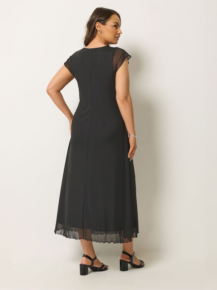 Yours Curve Black Mesh Cap Sleeve Maxi Dress - Image 2 of 5