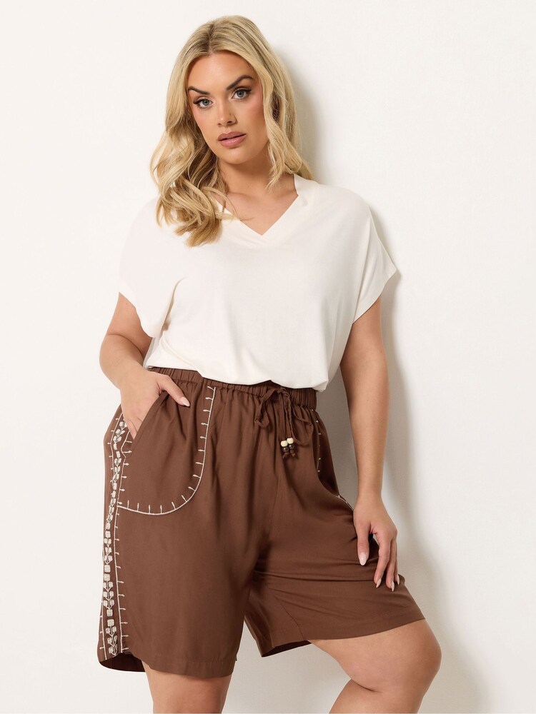 Yours Curve Brown Bead Trim Embroidered Shorts - Image 1 of 5