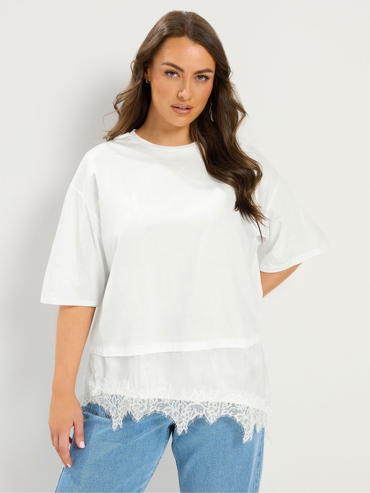 Yours Curve White Lace Trim T-Shirt - Image 1 of 5