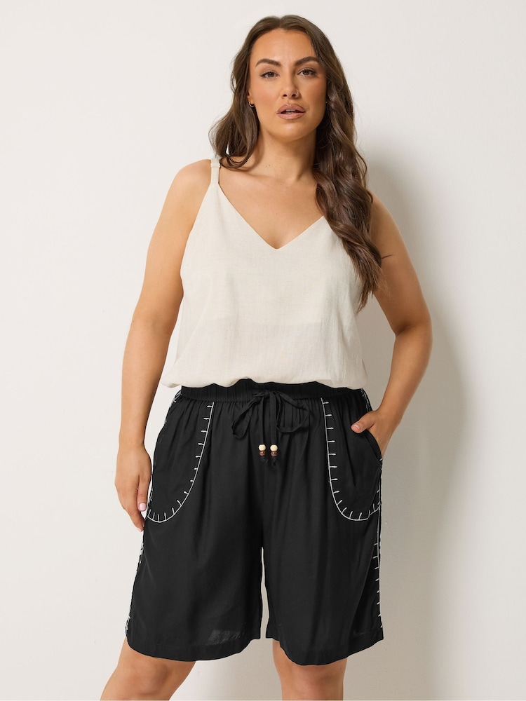 Yours Curve Black Bead Trim Embroidered Shorts - Image 1 of 4