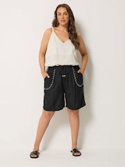Yours Curve Black Bead Trim Embroidered Shorts - Image 2 of 4