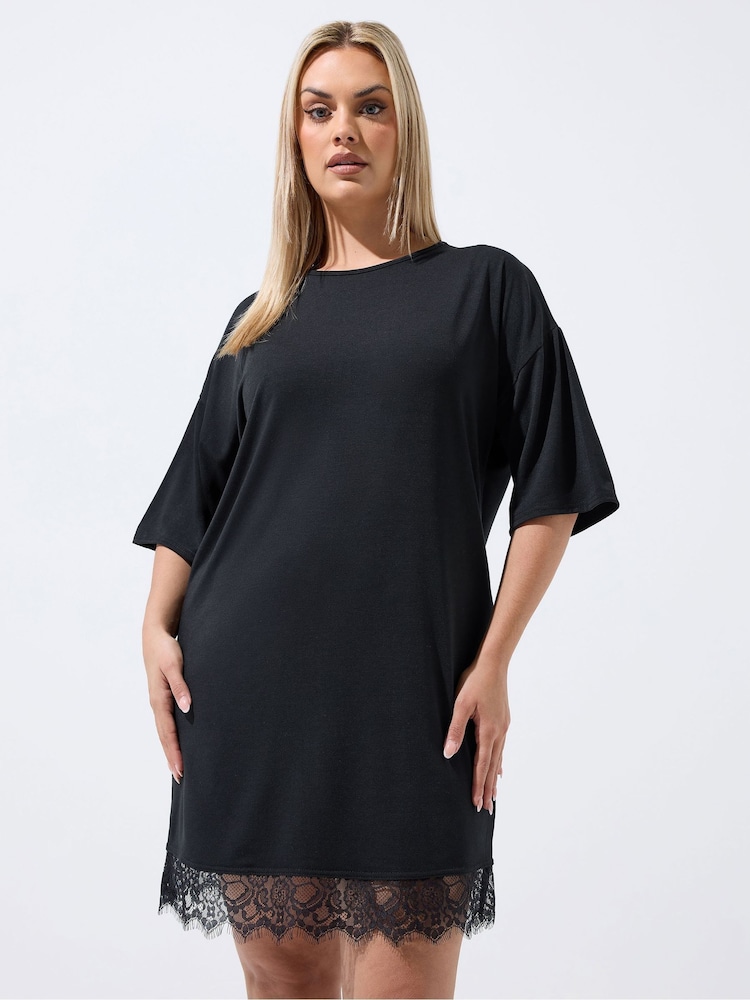 Yours Curve Black Limited Lace Hem Mini Dress - Image 1 of 5