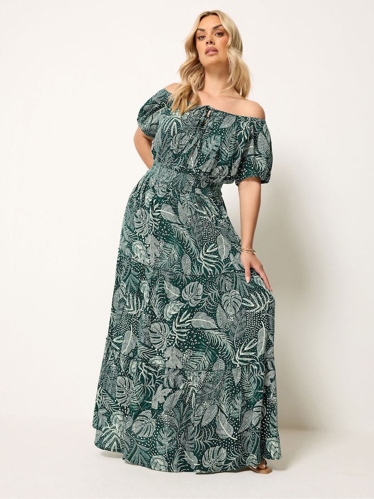 Yours Curve Green Boho Bardot Maxi Dress - Image 1 of 6 Yours Curve Green Boho Bardot Maxi Dress - Image 1 of 6