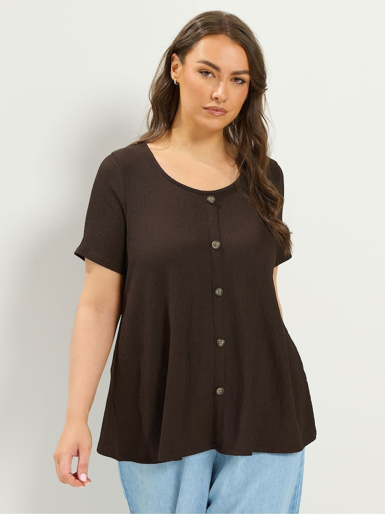Yours Curve Brown Textured Button Top - Image 1 of 5 Yours Curve Brown Textured Button Top - Image 1 of 5
