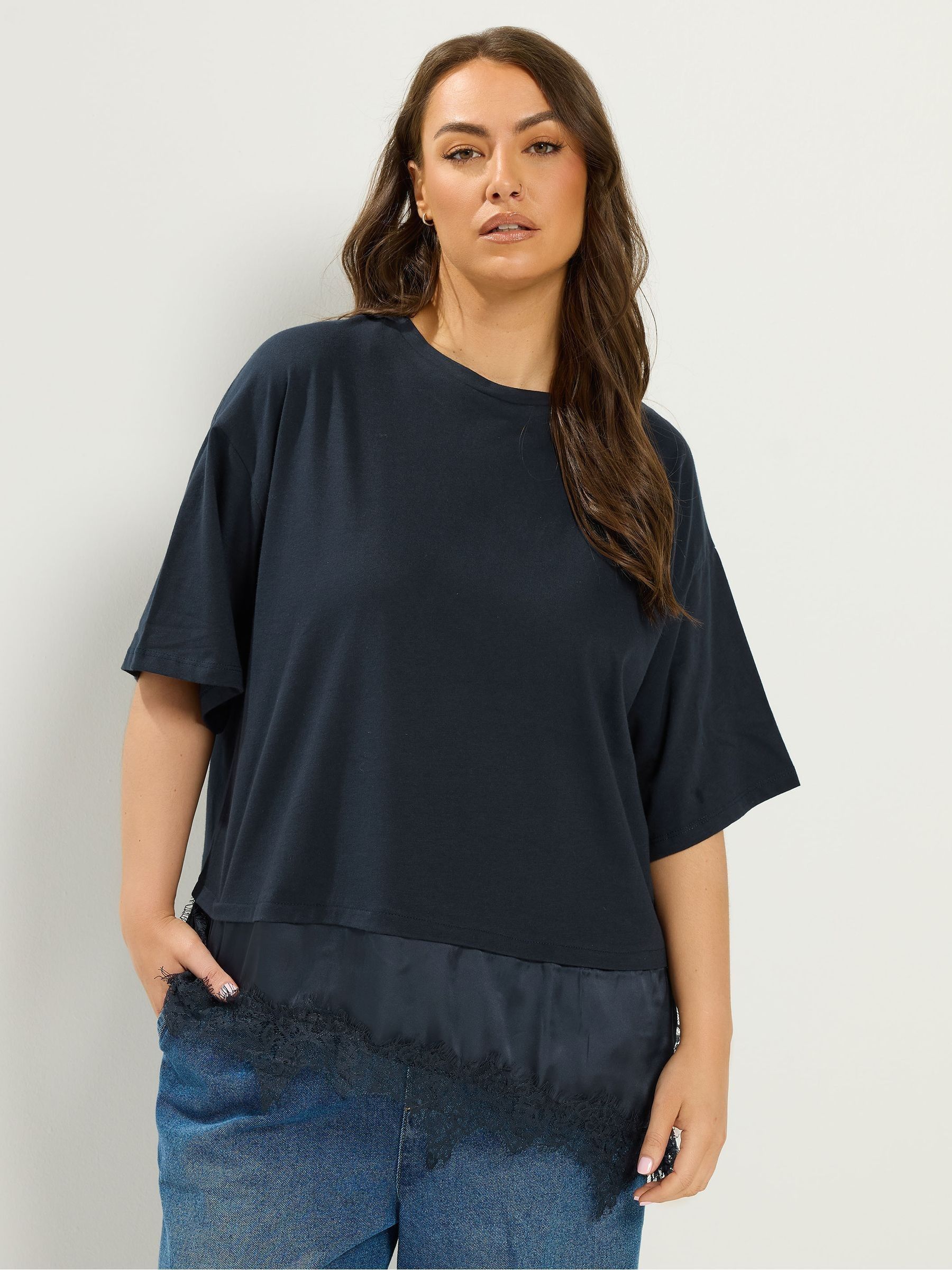 Yours Curve Women's Blue Lace Trim T-Shirt