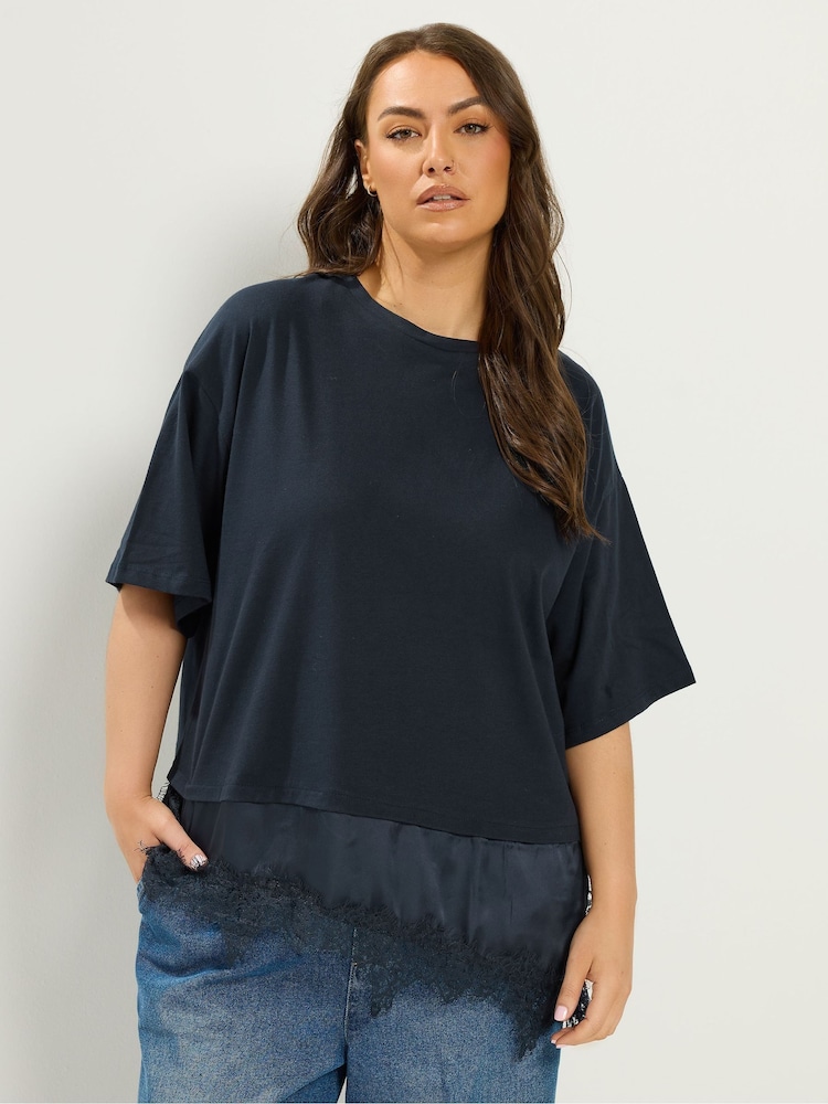 Yours Curve Blue Lace Trim T-Shirt - Image 1 of 5 Yours Curve Blue Lace Trim T-Shirt - Image 1 of 5