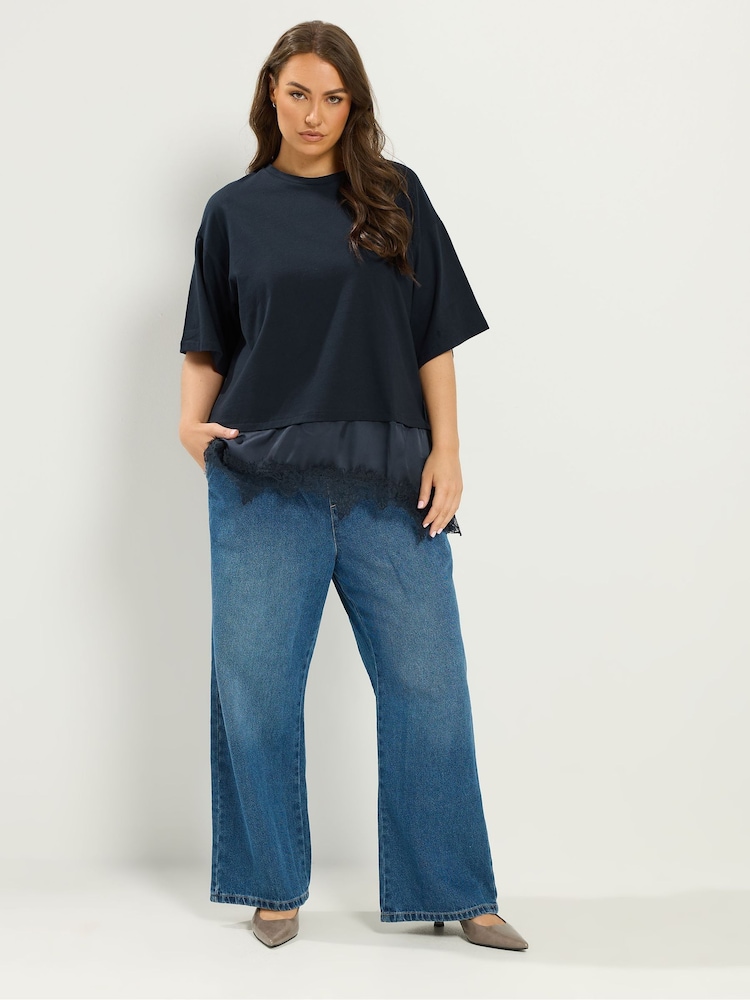 Yours Curve Blue Lace Trim T-Shirt - Image 2 of 5 Yours Curve Blue Lace Trim T-Shirt - Image 2 of 5