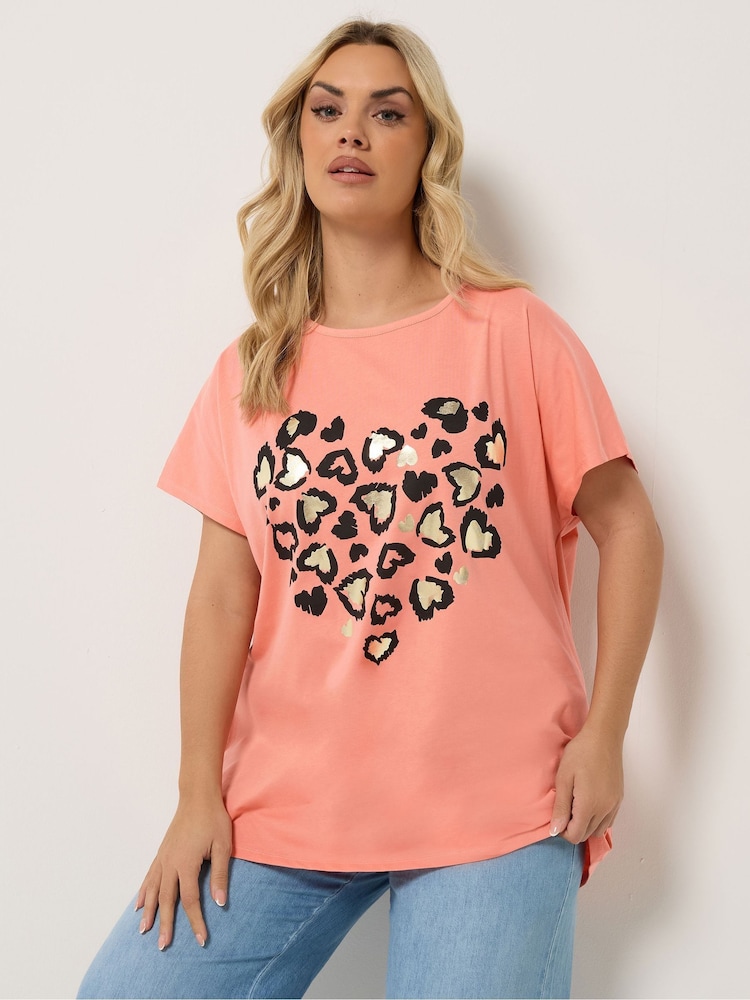 Yours Curve Orange Leopard Heart T-Shirt - Image 1 of 5