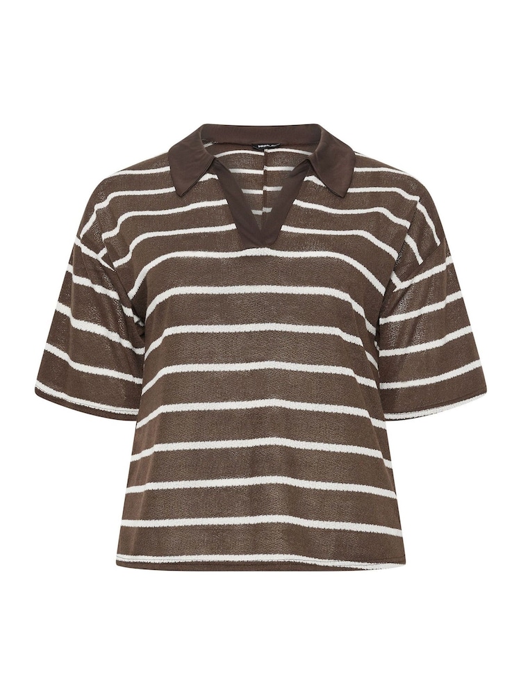 Yours Curve Brown Limited Crochet Stripe Rugby Collar Top - Image 5 of 5 Yours Curve Brown Limited Crochet Stripe Rugby Collar Top - Image 5 of 5