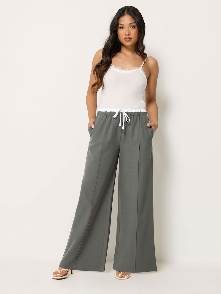PixieGirl Petite Grey Contrast Waist Pintuck Wide Leg Trousers - Image 1 of 5