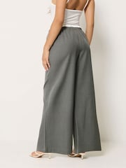 PixieGirl Petite Grey Contrast Waist Pintuck Wide Leg Trousers - Image 3 of 5