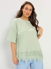 Yours Curve Green Lace Trim T-Shirt - Image 1 of 5