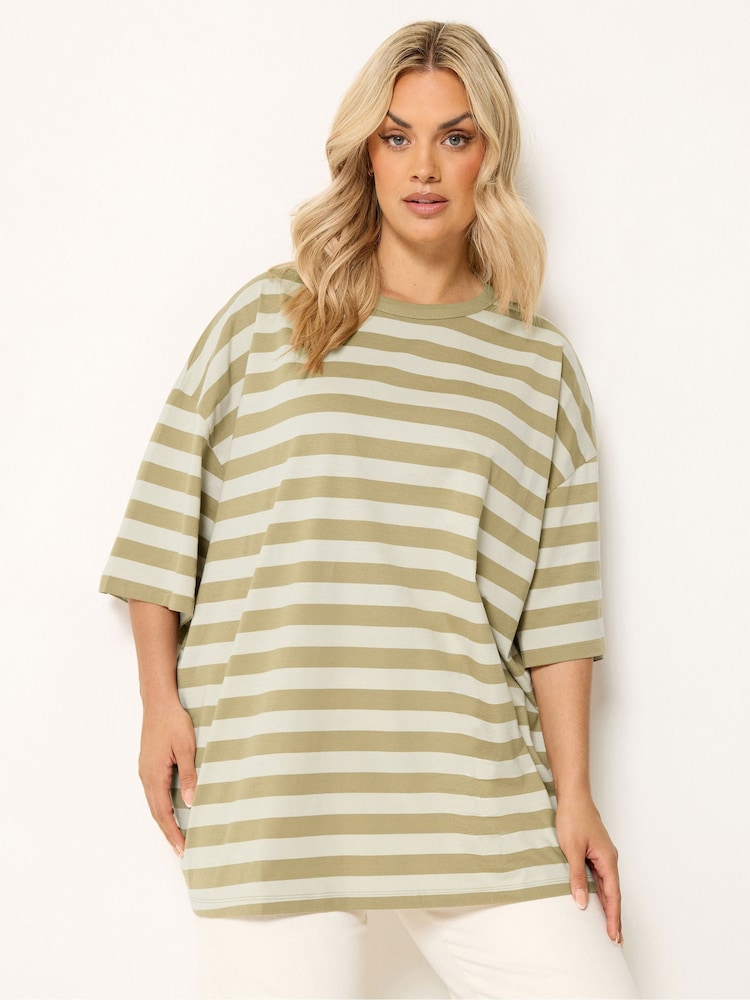 Yours Curve Natural Stripy Boxy T-Shirt - Image 1 of 5