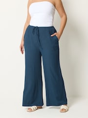 Yours Curve Blue Textured Drawstring Trousers - Image 1 of 5