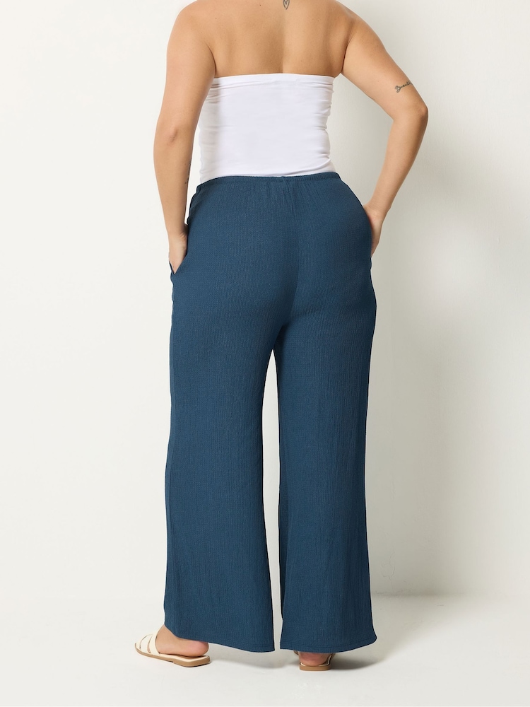 Yours Curve Blue Textured Drawstring Trousers - Image 2 of 5 Yours Curve Blue Textured Drawstring Trousers - Image 2 of 5